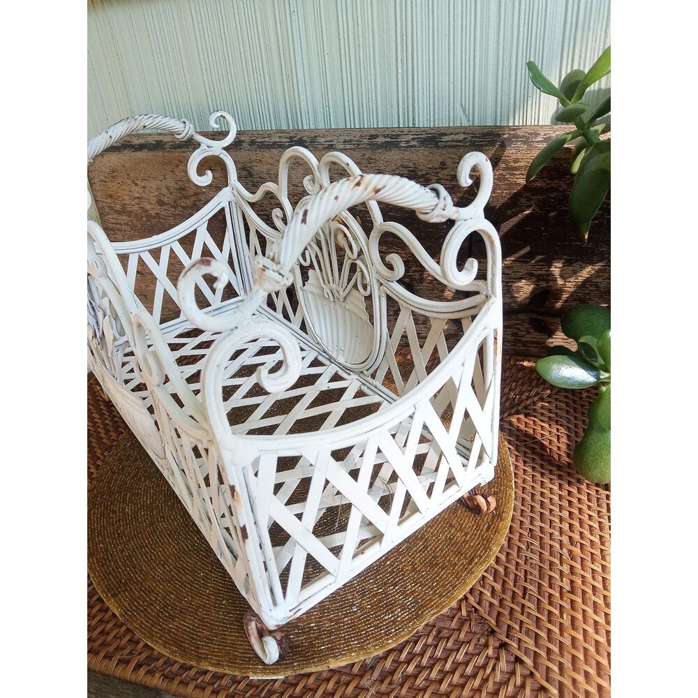 Wrought Iron Planter, Ornate Scrollwork, 1920's Antique, White 24x7, two 6" pots - Picture 4 of 15